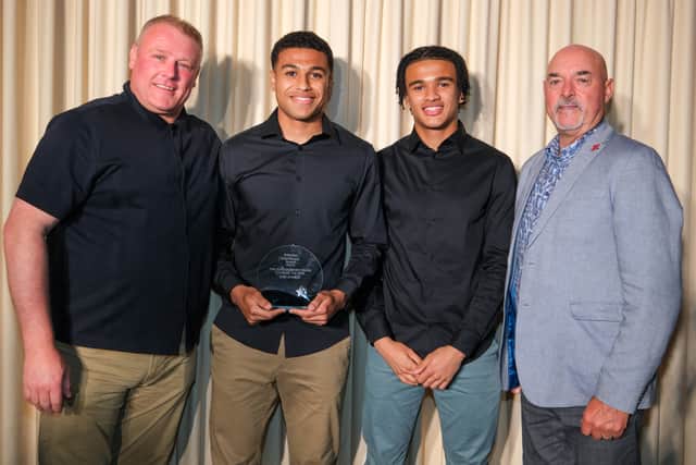 From sponsors Aircentric, Rob Smith, Sheffield Wednesday's Shea Charles with his Young Player of the Year award along with brother Pierce Charles and Liverpool legend Bruce Grobbelaar