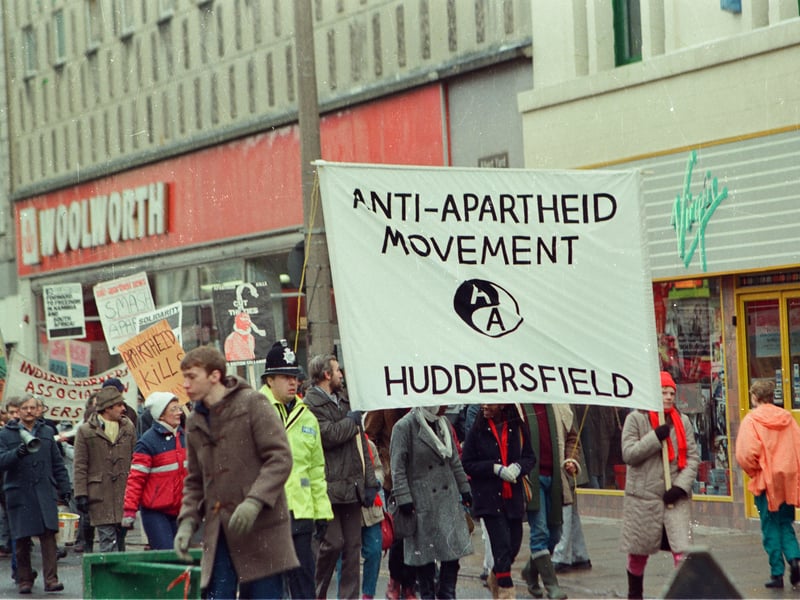 Protesters at anti-apartheid rally in Huddersfield.