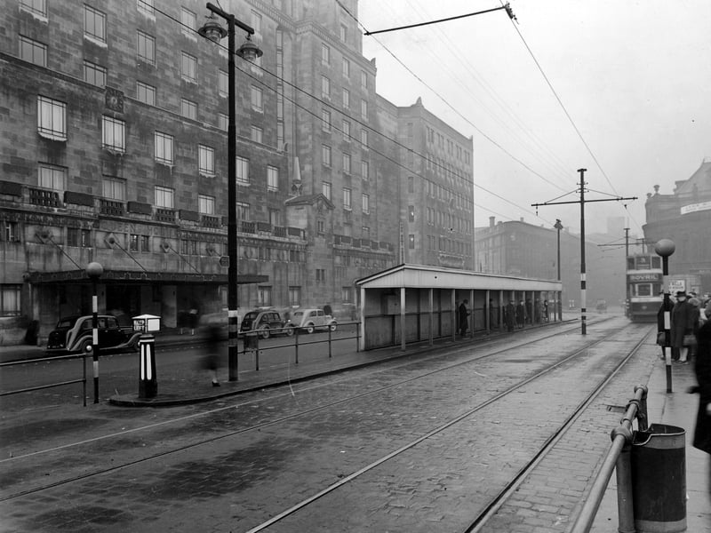 Leeds City Tramways Shelter outside the Queens Hotel on a grey December day in 1946.