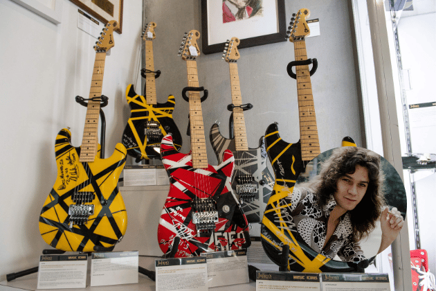 The custom Kramer guitar, featuring its distinctive black and yellow stripes, was prominently featured in the music video for Van Halen's 1984 hit Hot for Teacher, making it a highly recognizable piece of rock history. It sold for $3.932 million in 2023 at Sotheby's.