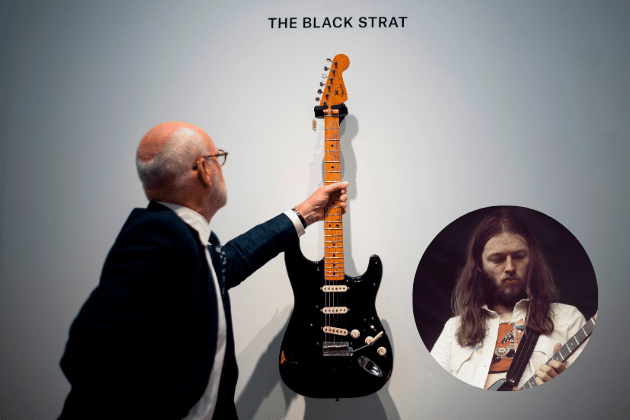 Sold for $3.95 million in 2019 at Christie's. This heavily modified black Stratocaster was a signature instrument for the Pink Floyd guitarist and was used on numerous legendary recordings, including Comfortably Numb and Money. Gilmour auctioned many of his guitars for charity.