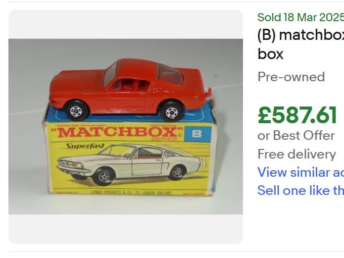 This red Matchbox Lesney Superfast Ford Mustang sold for £587.61 on eBay in March 2025