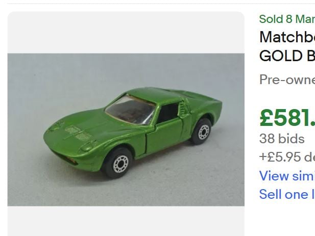 This metallic green Matchbox Lamborghini Miura with a golden base sold for £581 on eBay in March 2025