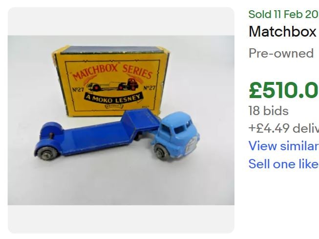 This Matchbox Moko Lesney Boxed No 27a Low Loader sold for £510 on eBay in February 2025