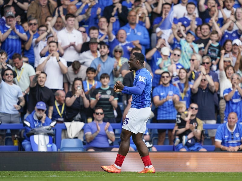 Substitute Christian Saydee celebrates his 55th-minute equaliser for the Blues in front of the Fratton faithful.