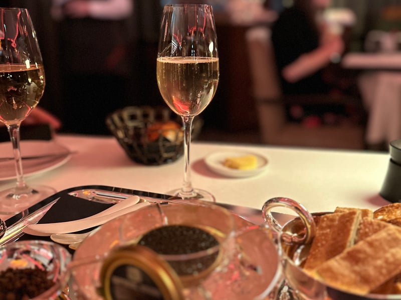 Our dinner starts off with some jazz standards and a sumptuous portion of Royal Oscietra Imperial Caviar served with crackers, nori puff and whipped chive crème fraiche. Decadent and delicious. A starter of St Bride's chicken, from a nearby farm at Strathaven and a plate of Shetland crab in Remy Martin XO cocktail sauce. We shared a roasted côte de boeuf of Speyside beef, carved at the table as our main course. 