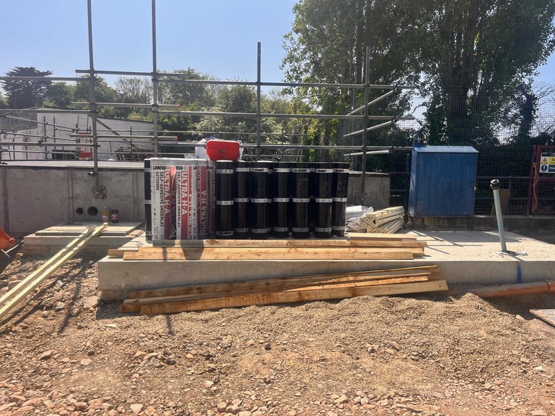 The team are finishing off the plant room roof, but just in front, they've built a the base for the chemical store. The walls will be made of blockwork finished with render. 