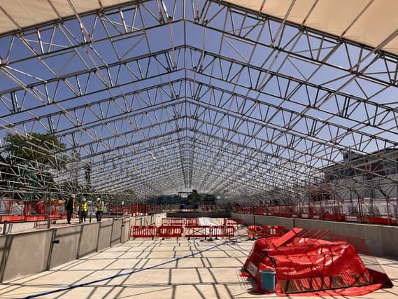 A large protective tent has gone up over the pool – this will allow the contractors to add the finishing touches, including render, paint, tiles and handrails.