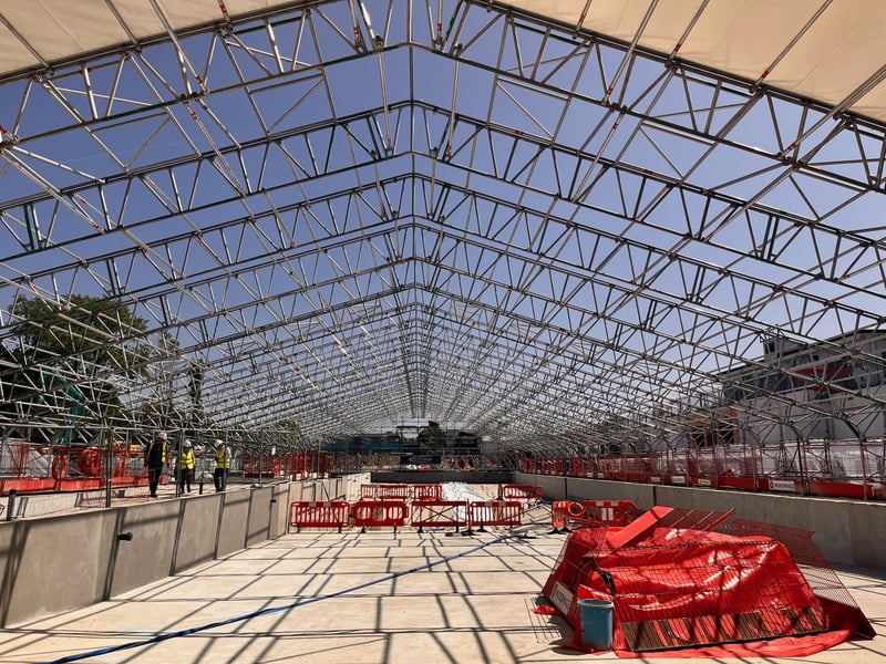A large protective tent has gone up over the pool – this will allow the contractors to add the finishing touches, including render, paint, tiles and handrails.