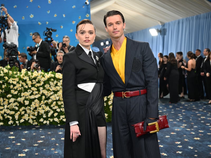 British actress Aimee Lou Wood and US actor Patrick Schwarzenegger arrive for the 2025 Met Gala
