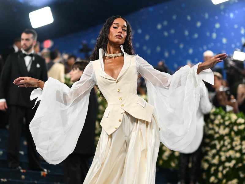 US actress and model Laura Harrier arrives for the 2025 Met Gala at the Metropolitan Museum of Art