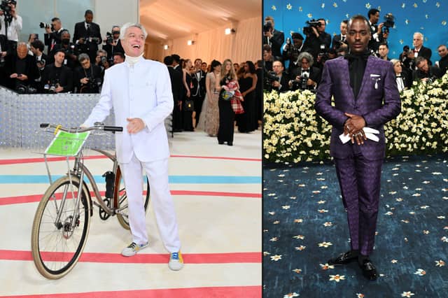 David Byrne at the 2023 Met Gala and Ncuti Gatwa during the 2025 event.