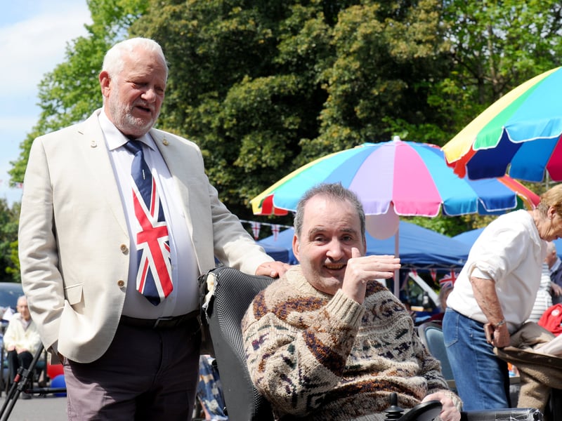 Admiral Jellicoe House in Southsea, run by Royal Naval Benevolent Trust, has held a VE Day celebration.

Pictured is: (left) Carer Brian Daubeney  with David "Frankie" Franklin (59)

Picture: Sarah Standing (080525-6294)