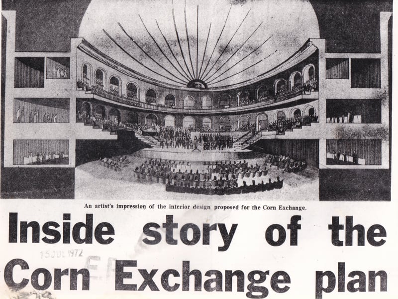 February 1985 and the Corn Exchange was in line for a long overdue new lease of life. This headline shows how the Corn Exchange might have looked... an artist's impression of a £500,000 concert hall scheme, rejected in 1976.
