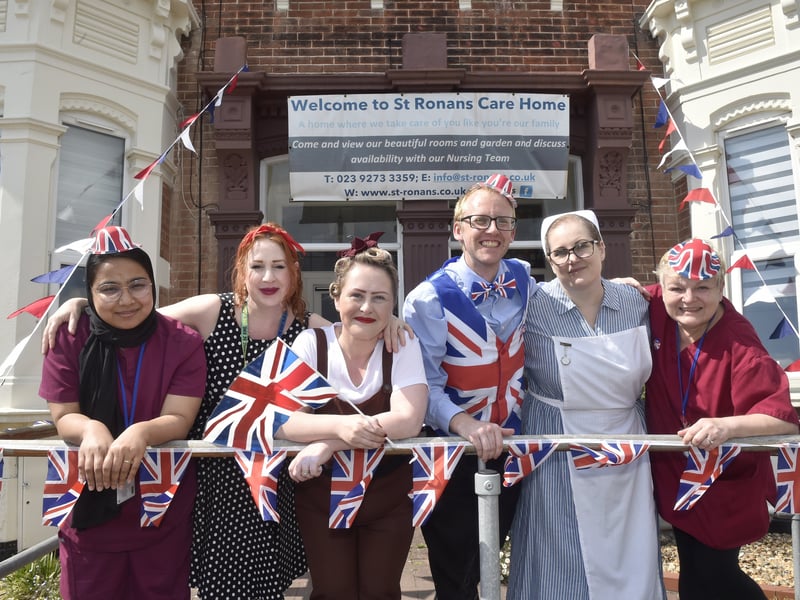 St Ronans Care Home in Southsea, held a VE Day celebration.

Pictured is: (l-r) Staff Taslima Jharna, Charlotte Dawson, Victoria Hutchings, Tom Loveday, Sarah Knight and Sarah Chalwin.

Picture: Sarah Standing (080525-3033)