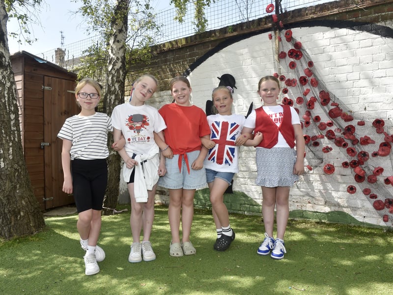 St John's C of E Primary School in Grove Road, Gosport, held a VE Day celebration for the 80th anniversary. 

Pictured is: (l-r) Evie (9), Belle (10), Kacey (10), Lola (9) and Dulcie (9)

Picture: Sarah Standing (090525-6610)