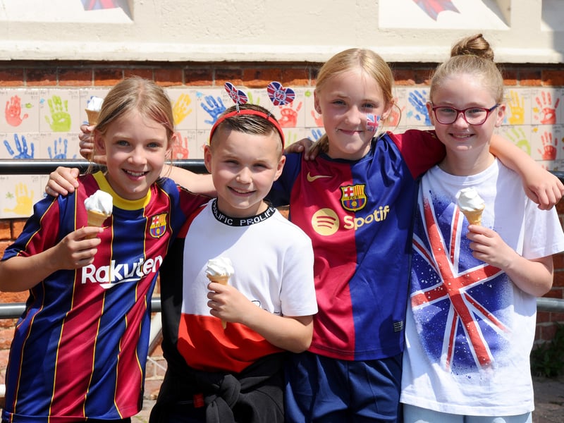 St John's C of E Primary School in Grove Road, Gosport, held a VE Day celebration for the 80th anniversary. 

Pictured is: (l-r) Mollie (10), Lorenzo (10), Ivy (10) and Lottie (10)

Picture: Sarah Standing (090525-6610)
