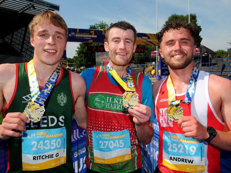 Jack Cummings, centre, of Ilkley Harriers, won the half marathon, while Ritchie Gardiner, left, of Leeds Uni X Country team, came second, and Andrew Rolland, of Leeds Hyde Park, who was third.
