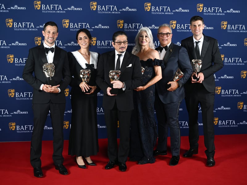Justin Marks, Rachel Kondo, Hiroyuki Sanada, Michaela Clavell, Edward L. McDonnell and Jonathan Van Tulleken pose inside the Winners Room with International Award for 'Shogun' at the 2025 BAFTA Television Awards
