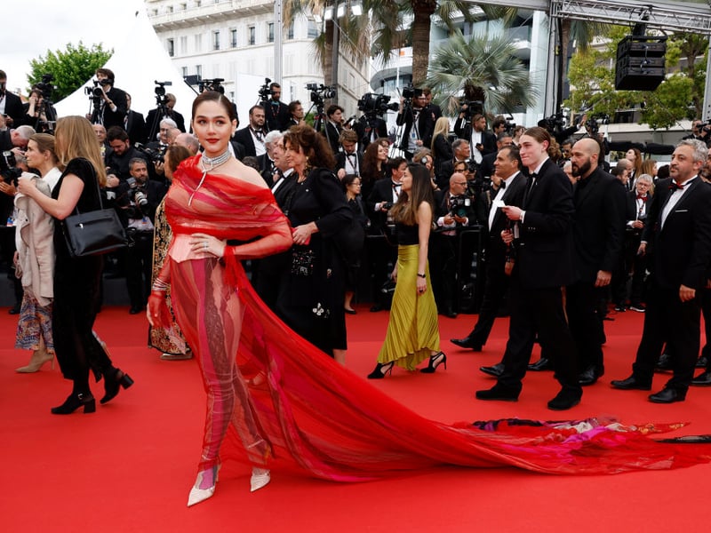 Worst Dressed: Araya Hargate decided a bizarre red and purple sheer outfit was the right thing to wear to the Cannes Film Festival, she was wrong!
