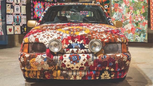 Come As You Really Are artworks by Hetain Patel include this amazing car sculpture, Somerset Road (2024) - a Ford Escort rugtufted in the pattern of the artist’s grandmother’s living room carpet.
