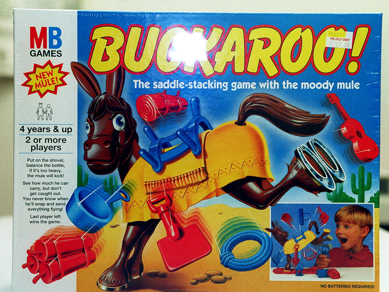 Buckaroo! has entertained generations of youngsters but it was first released in 1970 and quickly made its way into households around the UK, as children competed to see who could stack most items on the 'moody mule' before it kicked them off.