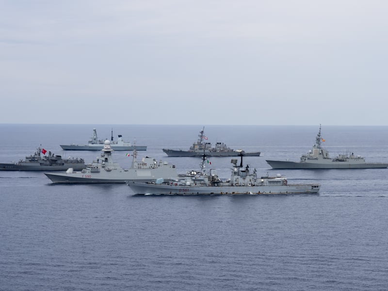 Pictured: NATO ships participating in Exercise Med Strike form up for a group photograph as Exercise Med Strike comes to an end, May 2025.