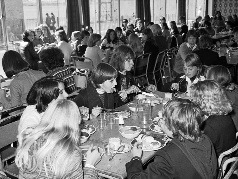 Children eating school dinners at Forrester High School in Edinburgh in September 1977.