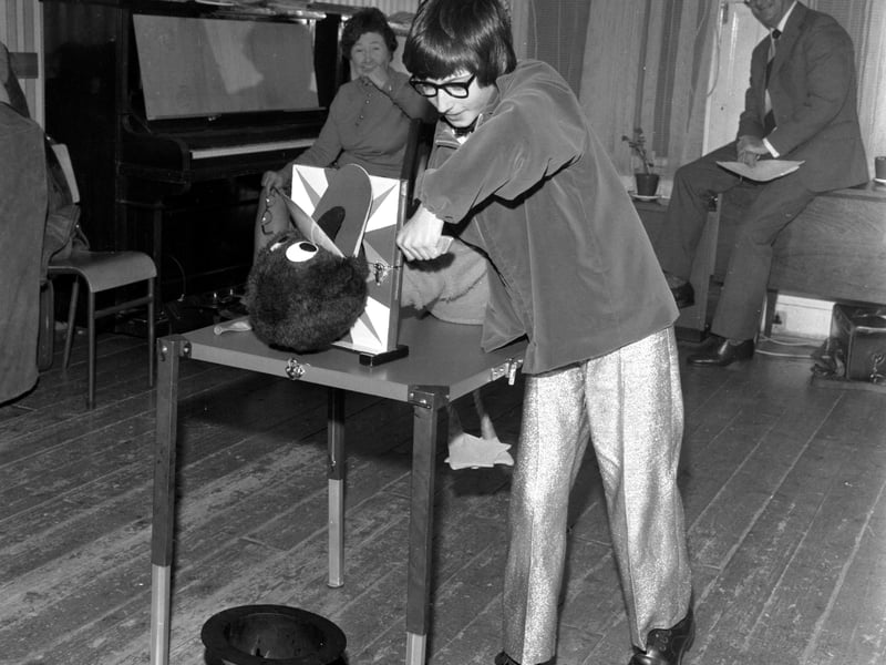 Young ventriloquist/magician Malcolm Thompson with his act at the BBC 'Crackerjack' auditions in Edinburgh in December 1976.