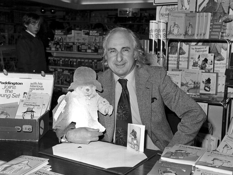 Children's author Michael Bond, creator of Paddington Bear, at a book signing in John Menzies bookshop, Edinburgh in April 1976.