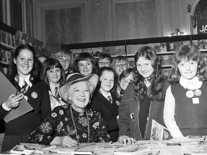 Scottish author Lavinia Derwent autographs books for young fans at the launch of the Children's Book Bang promotion at the Assembly Rooms Edinburgh, May 1976