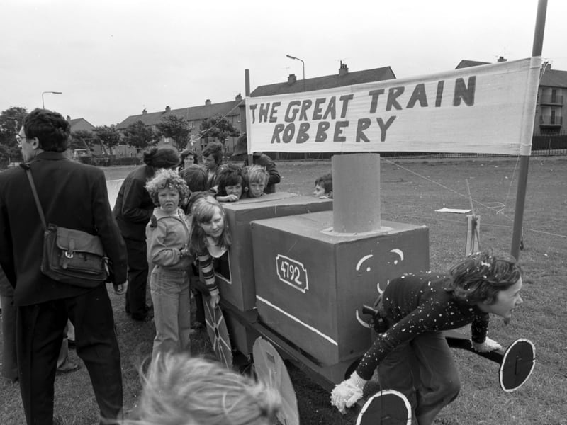 Edinburgh children playing on the train at Craigroyston Community Centre children's playscheme in July 1979.