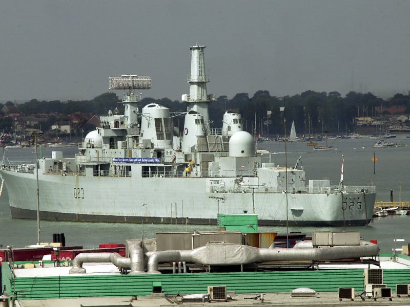 HMS Bristol the former Royal Navy guided missile destroyer, which is now a sea cadets training ship, moored at HMS Excellent, Whale Island, Portsmouth. Pictured taken in 2003.