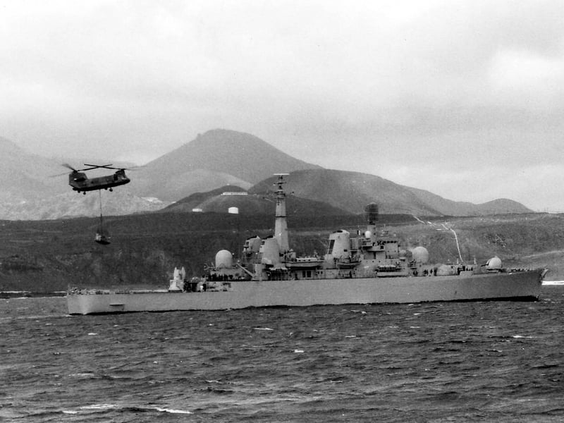 HMS Bristol storing war supplies at Ascension Island 18 May 1982.