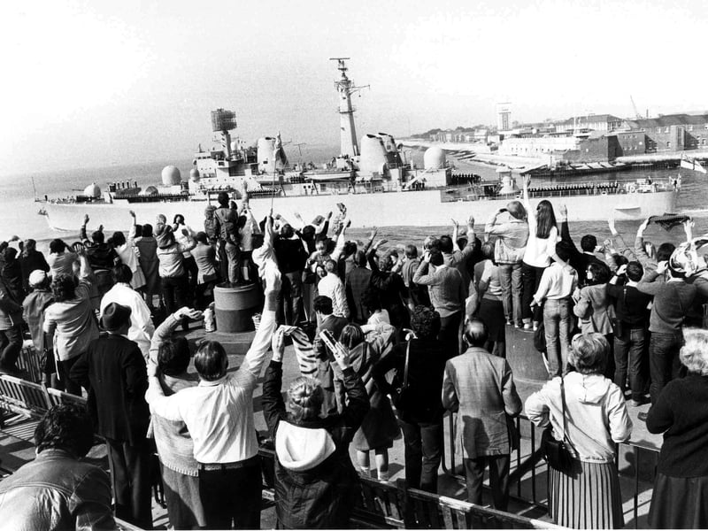 Family and friends wave as HMS Bristol leaves to join the task force in the Falklands, South Atlantic.