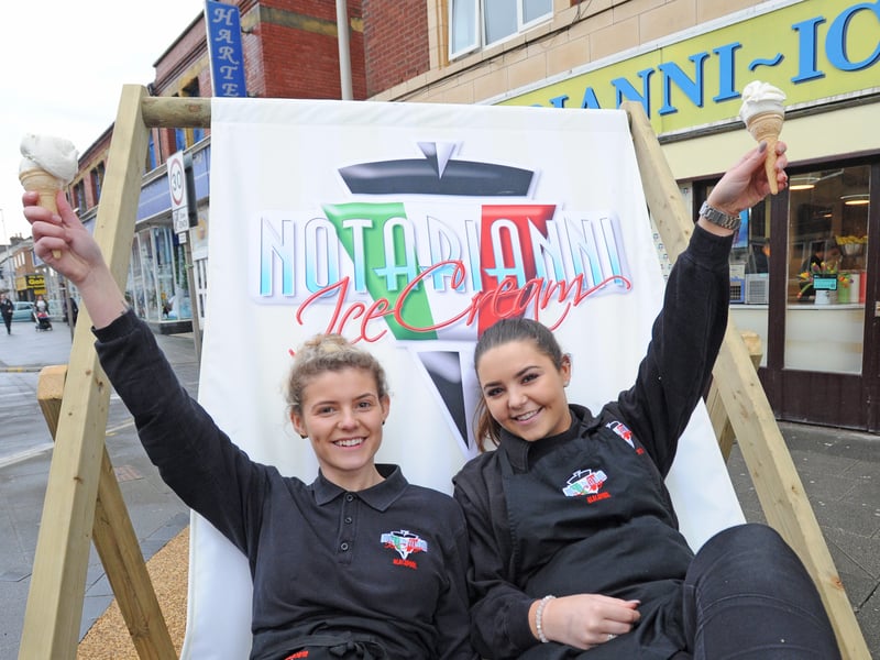 Staff from Notarianni Ice Cream celebrate reopening for the new season. Pictured are Oceana Carr and Izzy Foote.