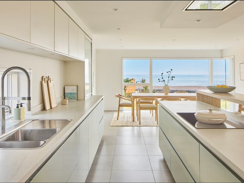 The stylish kitchen of the £4m beachside villa, which is up for grabs in the latest Omaze prize draw