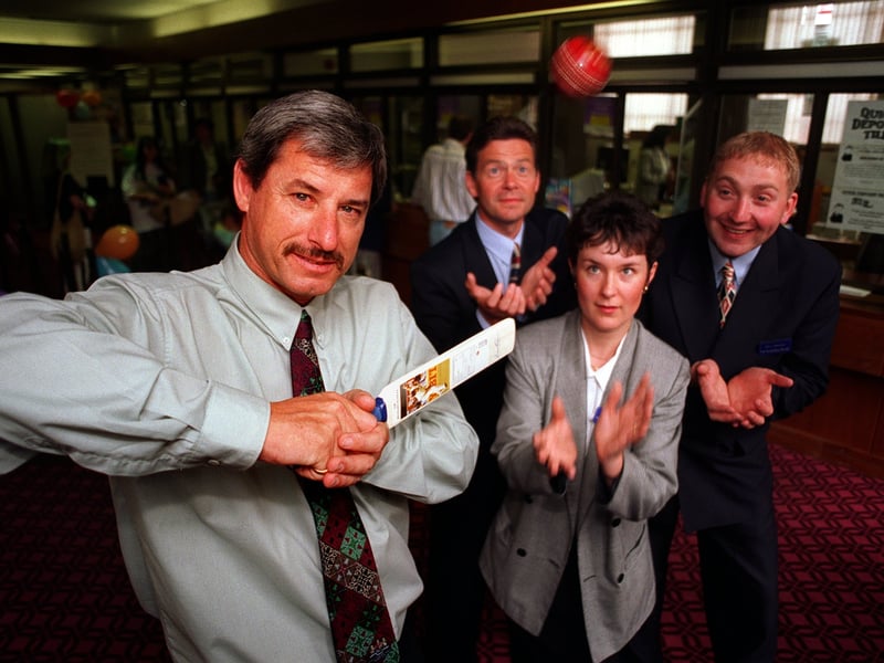 New Zealand cricketing legend Sir Richard Hadlee, left, is caught out during a visit to Yorkshire Bank on James Street in June 1997. He is pictured, from left, with David Filby, branch manager, Vicky Mitchell, branch supervisor, and Gary Beasley, office manager.