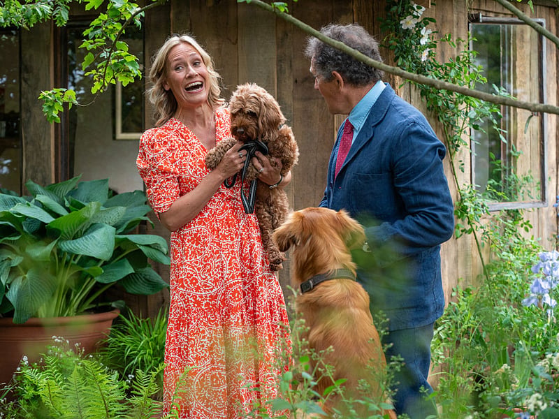 Sophie Raworth and Monty Don joined by their dogs at the Chelsea Flower Show.