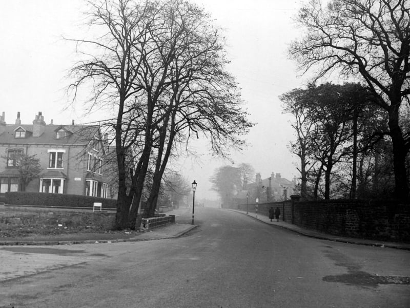 View looking east north east along Kirkstall Lane. Queenswood Drive and Langdale Terrace are on the left. Pictured in October 1949.
