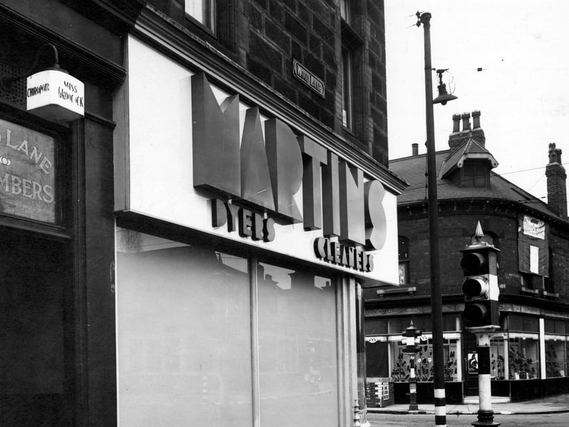 Martin's dyers and cleaners Ltd, at number 32 Otley Road by the junction with Wood Lane. Wood Lane Chambers are next door. Pictured in October 1942.