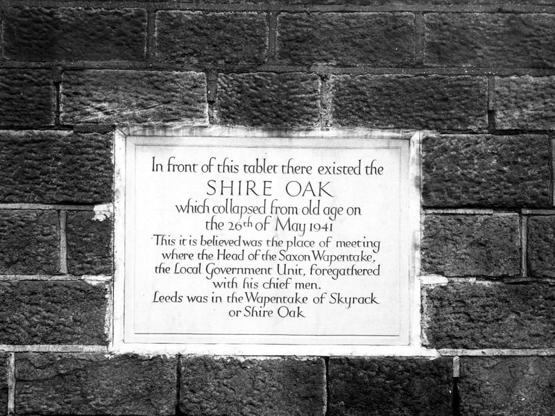 Close up of an inscribed tablet from October 1943 marking the site of a local Saxon Wapentake meeting place under a shire oak tree which collapsed in May 1941.