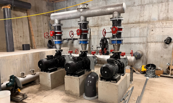 Filtration equipment has been installed in the plant room 

In this photo, you can see just some of the pipework that's been installed. 