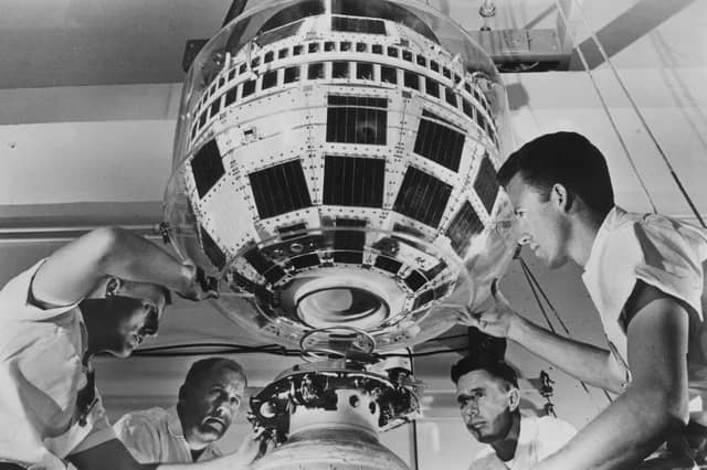 The launch of the first communications satellite, Telstar 1, on July 10, 1962, was perhaps the biggest leap forward in the field since Guglielmo Marconi sent the world's first radio message across open water in 1897. It beamed the first transatlantic television feed later that month and, as well as satellite TV, paved the way for GPS and many other things we take for granted today. Pictured are technicians joining the Telstar satellite to the third stage of the Delta Rocket in July 1962 so it could be launched from Cape Canaveral and begin transmitting television pictures all over the world.