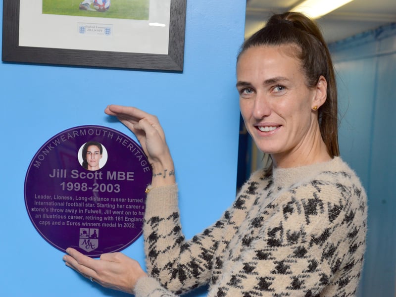 Jill Scott at her former school, Monkwearmouth Academy. 'Sunderland-born England Lioness, Euro 2022 champion; a trailblazer for women’s football' AI said.