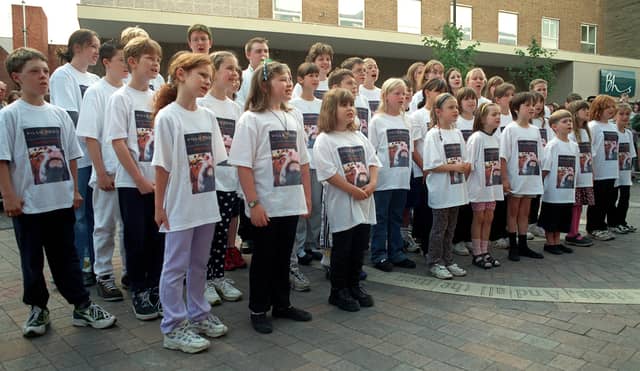 Children from Harrogate Youth Theatre perform at the opening of Oxford Street in August 1999.