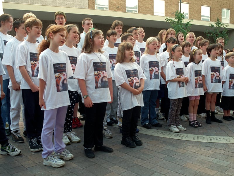 Children from Harrogate Youth Theatre perform at the opening of Oxford Street in August 1999.