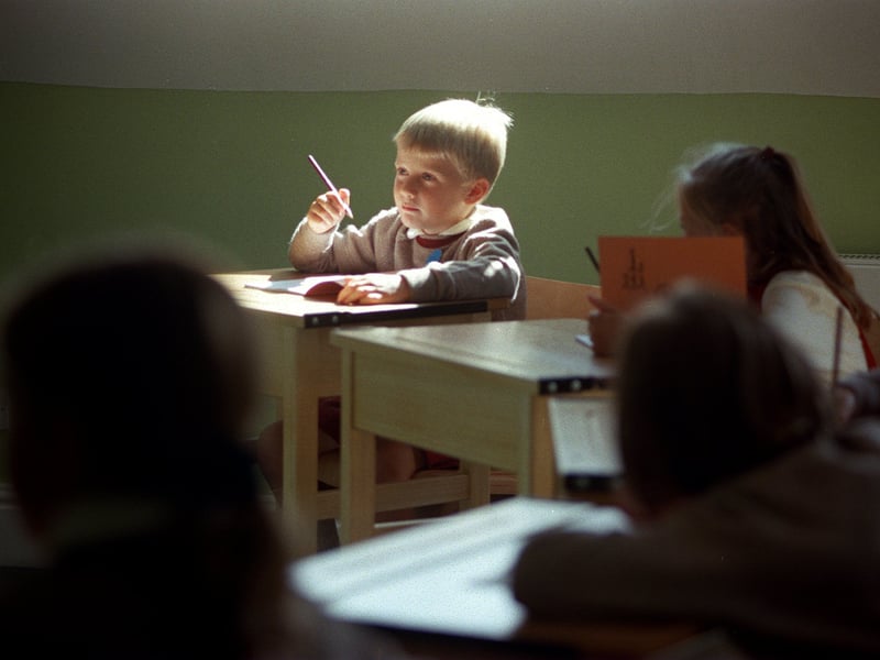 September 1999 and Harrogate Ladies College Prep school takes boys for the first time in it's history. Pictured in class is Euan Miller.