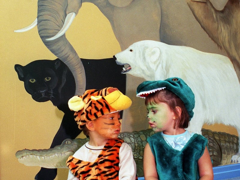 Casper Dias and Laura Bickerdike who dressed as animals to launch the new mural at The Academy in August 1999.