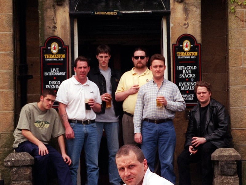 Harrogate Arms landlord Graham Wright with regulars  protesting about the banning of the pub's mini-bus service. Pictured in April 1999.